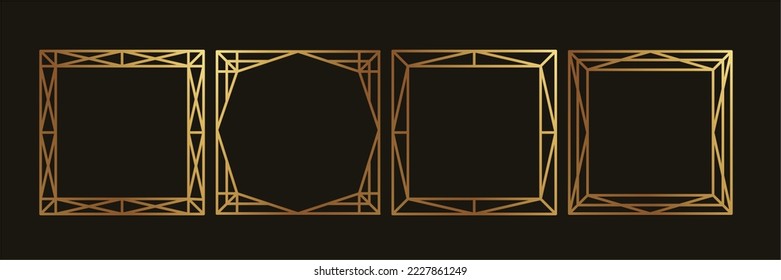 Set of luxury geometric gold frame vector. Gradient gold art deco, antique, vintage style, geometric line shape on black background. Elegant design illustration for card, decoration, poster, banner.