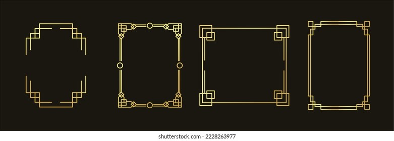 Set of luxury geometric gold frame vector. Gradient gold art deco, antique, vintage style, geometric line shape on black background. Elegant design illustration for card, decoration, poster, banner.