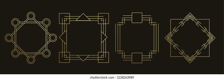 Set of luxury geometric gold frame vector. Gradient gold art deco, antique, vintage style, geometric line shape on black background. Elegant design illustration for card, decoration, poster, banner.