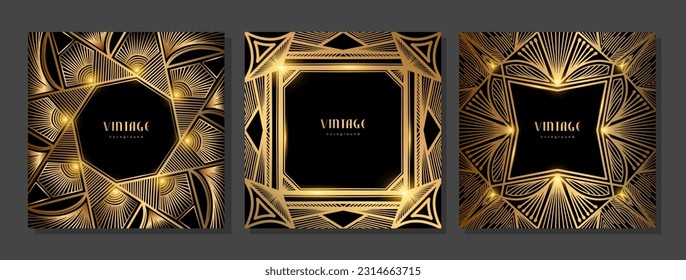 Set of luxury geometric linear template. Golden vintage frame. Art deco style gold background for banner, poster, cover. Retro line art with glitter, shine. Abstract minimalist gatsby style pattern