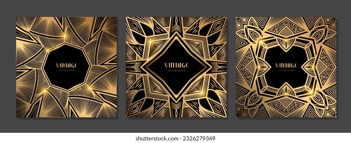 Set of luxury geometric linear template. Golden vintage frame. Art deco style gold background for banner, poster, cover. Retro line art with glitter, shine. Abstract minimalist gatsby style pattern