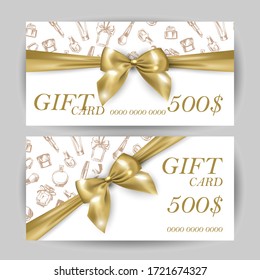 Set of luxury gift cards with a gold bow, with cosmetics items:lipstick, cream, mascara, perfume.Vector template for gift cards, coupons, and certificates for beauty salons, stores, and cosmetics.