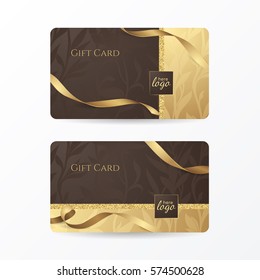 Set of luxury gift cards with golden ribbons and floral patterns on the deep brown background. Vector template for gift vouchers, credit or discount cards. Isolated from the background.