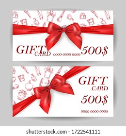 Set of luxury gift cards with a red bow, with cosmetics items:lipstick, cream, mascara, perfume.Vector template for gift cards, coupons, and certificates for beauty salons, stores, and cosmetics.