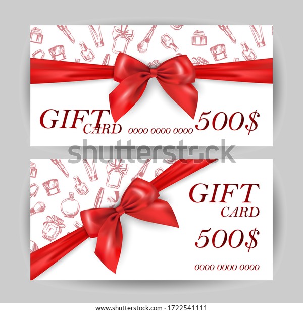 Set of luxury gift cards with a red bow, with\
cosmetics items:lipstick, cream, mascara, perfume.Vector template\
for gift cards, coupons, and certificates for beauty salons,\
stores, and cosmetics.