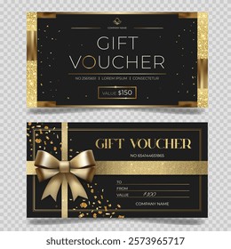 Set of luxury gift vouchers in black gold color. Elegant template for gift card, coupon. Stylish gift voucher. Promo or flyer offer