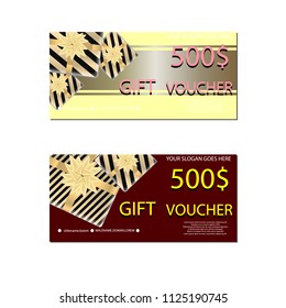 Set of luxury gift vouchers with golden ribbons, bows and gift box. Elegant template for holiday gift card, coupon and certificate. Vector illustration