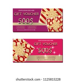 Set of luxury gift vouchers with golden ribbons, bows and gift box. Elegant template for holiday gift card, coupon and certificate. Vector illustration