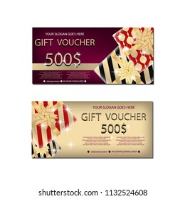 Set of luxury gift vouchers with golden ribbons, bows and gift box. Elegant template for holiday gift card, coupon and certificate. Vector illustration