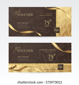 Set of luxury gift vouchers with golden ribbons and floral patterns on the deep brown background. Vector template for gift card, coupon and certificate. Isolated from the background