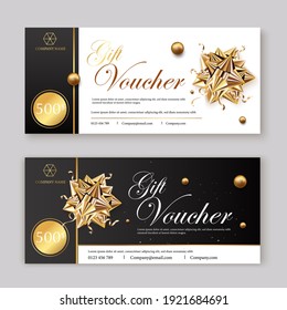 Set of luxury gift vouchers with ribbons and gift box. Elegant template for a festive gift card, coupon and certificate. Discount Coupon Template