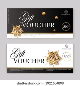 Set of luxury gift vouchers with ribbons and gift box. Elegant template for a festive gift card, coupon and certificate. Discount Coupon Template