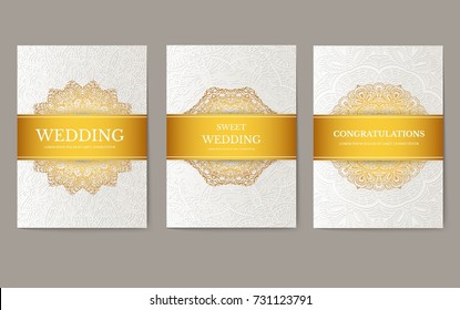 Set of Luxury Gold artistic page banner set with logo brochure template. Vintage art identity, floral, magazine. Traditional, Islam, Arabic, Indian. Decorative retro greeting card or invitation design