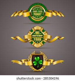 Set of luxury gold badges with floral elements, stars, laurel wreath. 100 % pure organic, bio, natural product. Eco emblem, icon, logo, label, medal, sticker for web, page design. Illustration EPS 10.