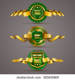 Set of luxury gold badges with floral elements, stars, laurel wreath, wax seal. 100 % pure organic, best choice. Eco emblem, bio icon, logo, label, medal, tag for web, page design. Illustration EPS 10