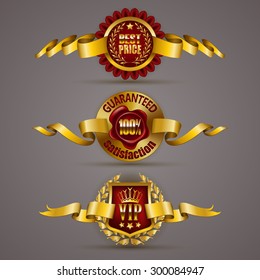 Set of luxury gold badges with laurel wreath, crown, wax seal, ribbons. 100 % guaranteed, best price, vip. Promotion emblems, icons, labels, medal, blazons for web, page design. Illustration EPS 10.