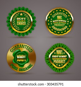 Set of luxury gold badges with laurel wreath, star, wax seal. 100 % pure organic natural product, guaranteed. Eco emblem, bio icon, logo, label, medal, sticker for web, page design. Illustration EPS10