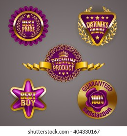 Set of luxury gold badges with laurel wreath, crown, wax seal, ribbons. Best price, buy, product, customer's choice, 100 %. Emblems, icons, labels, medals for web, page design. Illustration EPS 10.