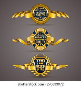 Set of luxury gold badges with stars, laurel wreath, ribbons. Top offer, 100 % highest quality guaranteed. Promotion emblems, icons, labels, medal, blazons for web, page design. Illustration EPS 10.