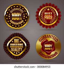 Set of luxury gold badges with stars, laurel wreath, wax seal. 100 % guaranteed, awesome quality, best price. Promotion emblems, icons, labels, medal, blazons for web, page design. Illustration EPS 10