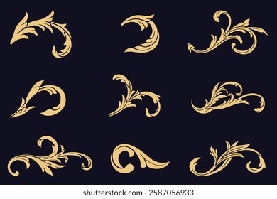 Set luxury Gold Baroque Decorative Ornament with Floral Curve Vector illustration. Elegant Golden flourish, filigree, swirl, arabesque pattern decoration elements