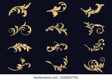 Set luxury gold baroque victorian filigree, scroll floral pattern elements, engraving decorative calligraphic ornamental vector illustration