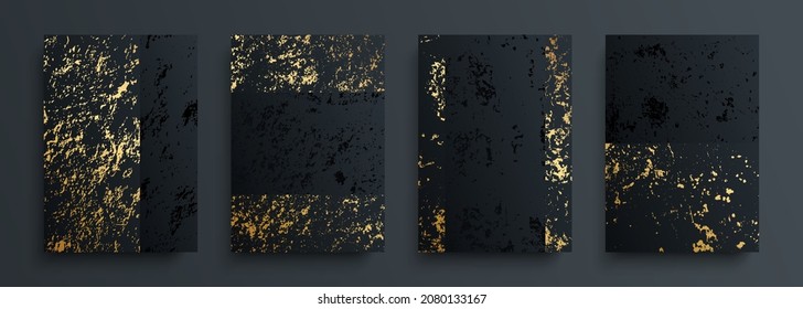 Conjunto de fondos dorados y negros de lujo. Texturas de oro, negro, grano, sucio, gris para tu diseño. El lujo cubre la colección. Ilustración vectorial.