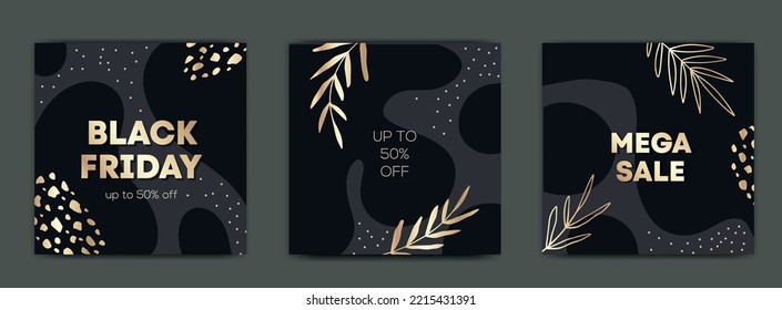 Set Of Luxury Gold Black Friday Sale Instagram Post Template. Botanical Social Media Banner With Leaves And Abstract Shapes