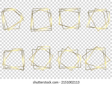 Set of luxury gold border isolated on transparent vector background. Glowing frame graphic mock up template. 