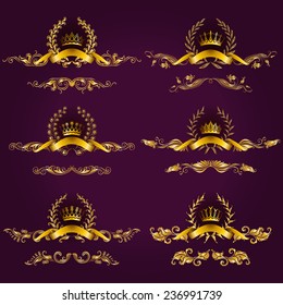 Set of luxury gold borders, frames for design of labels, emblems, medals, stickers with laurel wreath, filigree crown, ribbon, floral elements. Vector illustration.