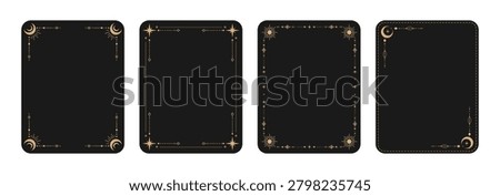 Set of luxury gold celestial frames tarot cards with crescent moon, stars and ornamental borders for invitations, greeting cards, certificates, branding, social media and packaging design.Vector