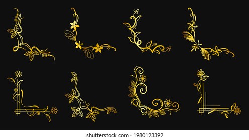 Set of luxury gold decorative corners. Elegant line art border, frame kit collection for wedding, card, poster, books etc. Linear corners with flowers, leaves and flourishes. Vector illustration