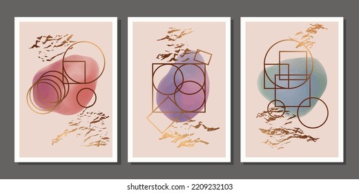 Mural geométrico de lujo en oro, círculos lineales y cuadrados dorados, manchas acuáticas sobre fondo beige. Resumen de arte minimalista con textura de hoja