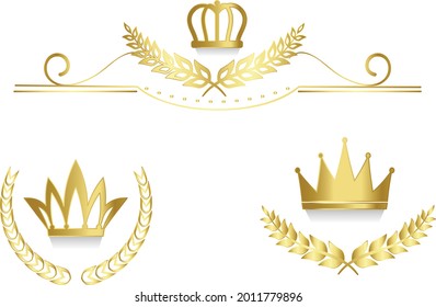 Set of luxury gold labels emblem medals sign with laurel wreath crown for retro design