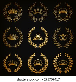 Set of luxury gold labels, emblem, medals, sign with laurel wreath, crown for retro design of diploma, award, logo, icon. Page, web decoration, royal symbol, sticker, badge. Vector illustration EPS 10