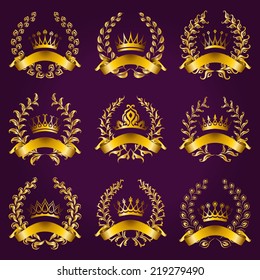 Set of luxury gold labels, emblems, medals, stickers with laurel wreath, filigree crown, ribbon for design. Vector illustration.