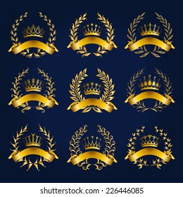 Set of luxury gold labels, emblems, medals, stickers with laurel wreath, filigree crown, ribbon for design. Vector illustration.