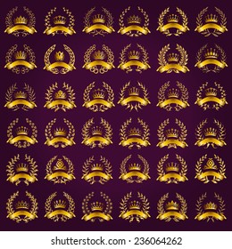 Set of luxury gold labels, emblems, medals, stickers with laurel wreath, filigree crown, ribbon for design. Vector illustration.