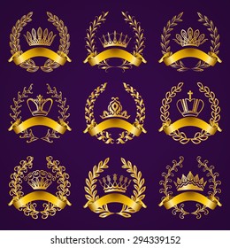 Set of luxury gold labels, emblems, medals, stickers, icons, monograms with laurel wreaths, filigree crowns, ribbons for page, web design. Royal heraldic elements in vintage style. Vector illustration