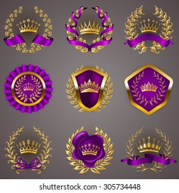 Set of luxury gold labels, medals, stickers, icons, logo with laurel wreath, filigree crowns, bow, wax seal, ribbons for page, web design. Royal heraldic elements in vintage style. Illustration EPS 10