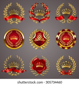 Set of luxury gold labels, medals, stickers, icons, logo with laurel wreath, filigree crowns, bow, wax seal, ribbons for page, web design. Royal heraldic elements in vintage style. Illustration EPS 10