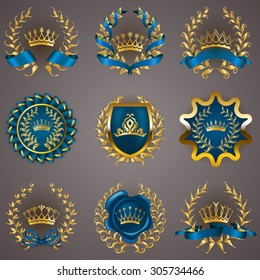 Set of luxury gold labels, medals, stickers, icons, logo with laurel wreath, filigree crowns, bow, wax seal, ribbons for page, web design. Royal heraldic elements in vintage style. Illustration EPS 10