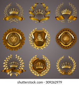 Set of luxury gold labels, medals, stickers, icons, logo with laurel wreath, filigree crowns, bow, wax seal, ribbons for page, web design. Royal heraldic elements in vintage style. Illustration EPS 10