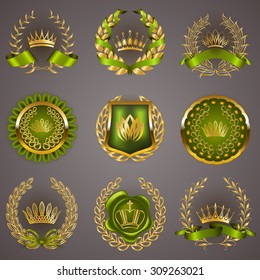 Set of luxury gold labels, medals, stickers, icons, logo with laurel wreath, filigree crowns, bow, wax seal, ribbons for page, web design. Royal heraldic elements in vintage style. Illustration EPS 10