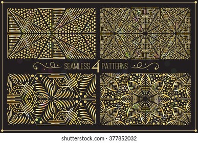 Set of luxury gold prints, vector illustration, glowing background, geometric design, seamless pattern saved in swatches