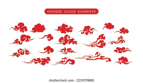 Set of Luxury Gold Red Chinese clouds vector. Ornament oriental elements for asian chinese new year card or mid autumn. Vintage sky art decorative illustration