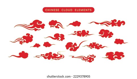 Set of Luxury Gold Red Chinese clouds vector. Ornament oriental elements for asian chinese new year card or mid autumn. Vintage sky art decorative illustration