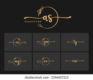 Set Of luxury gold signature initial logo design isolated leaf and flower