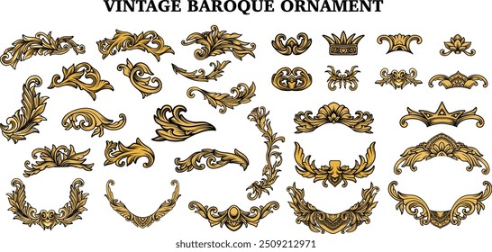 Definir o ouro de luxo vintage floral Barroco Flourish elementos. Rolagem elegante, redemoinho, filigree quadro de borda gravura ornamental design vetorial.