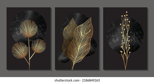 Set of luxury gold wall art. Black watercolor moon and golden leaves, japanese style branches, berries. Abstract minimalist art mural illustration with linear plants